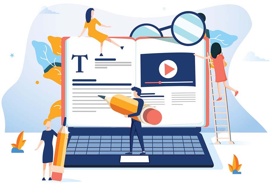 Illustration of people using giant pencils and icons to build digital content on an open book screen