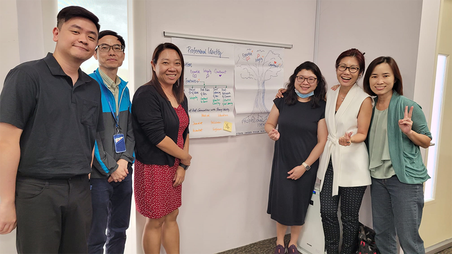 Workshop group posing with a "Professional Identity" poster featuring a tree diagram.